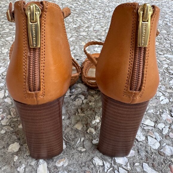 Vince Camuto Braided Leather Block Heel Sandals Tan Size 7M Boho Chic - Picture 3 of 7
